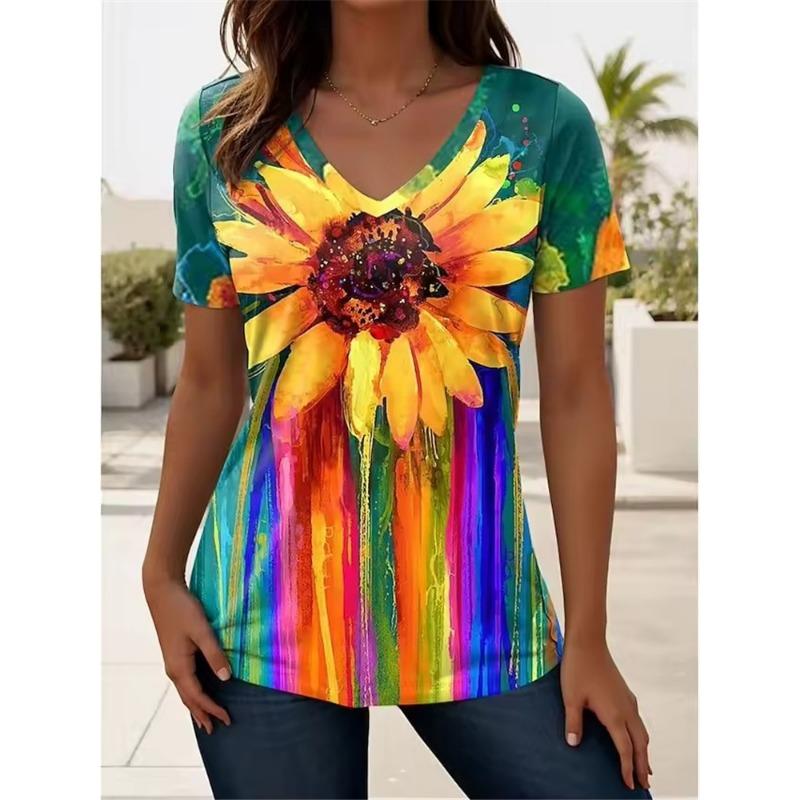 Summer New Women's T-shirt 3D Simple Printing V-neck Short Sleeve Shirt Fashion Plus Size T-shirt Clothing Y2k Women's T-shirt