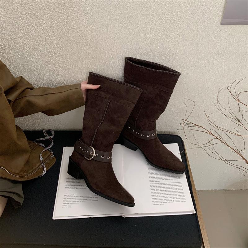 

Mi Ting retro two-wear knight boots 2025 autumn and winter new pointed braided belt buckle thick heel flanged boots women 40 темно-коричневого