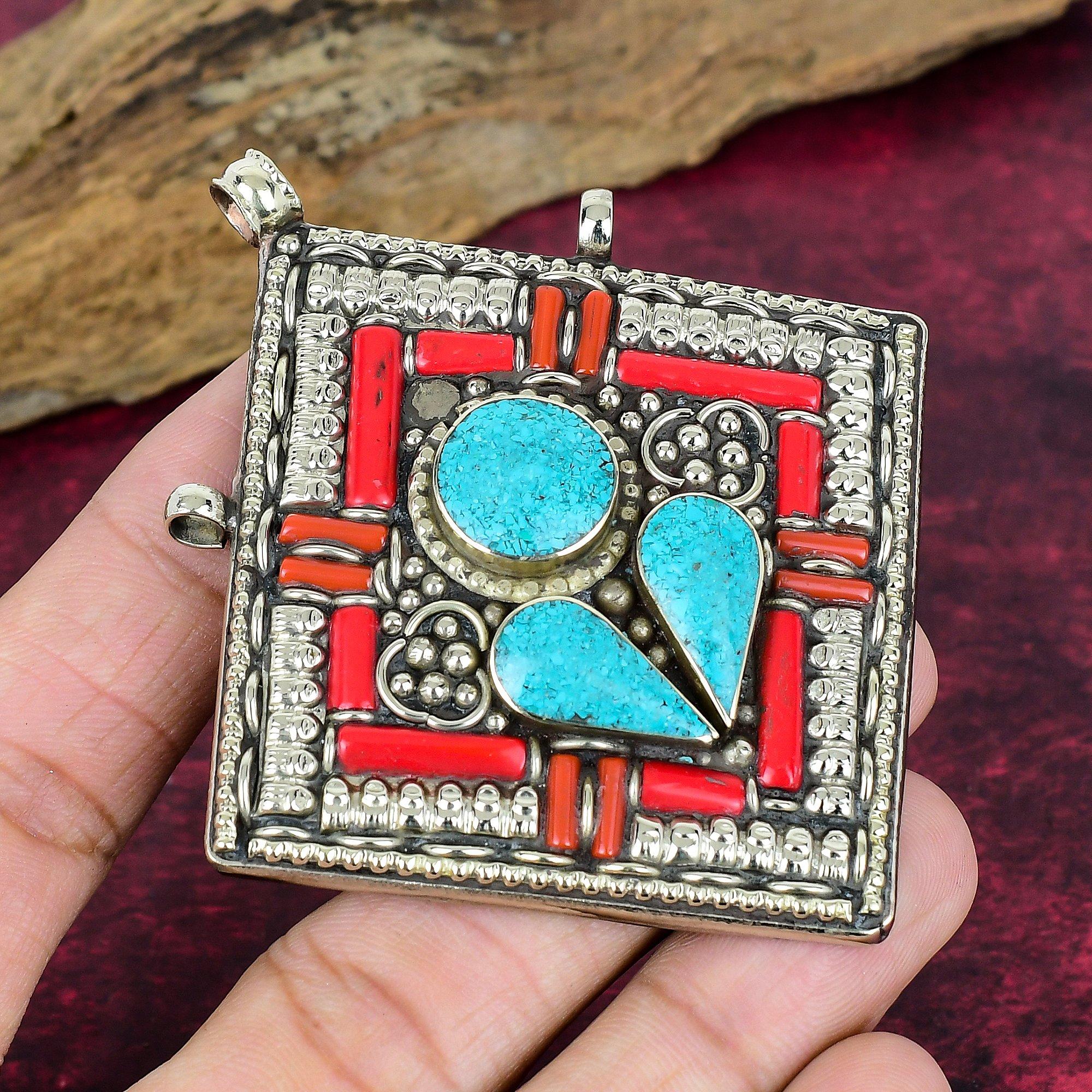 

Кулон из голубой бирюзы и коралла, Ювелирные изделия из стерлингового серебра 925 пробы, Кулон ручной работы в непальском стиле, На День благодарения