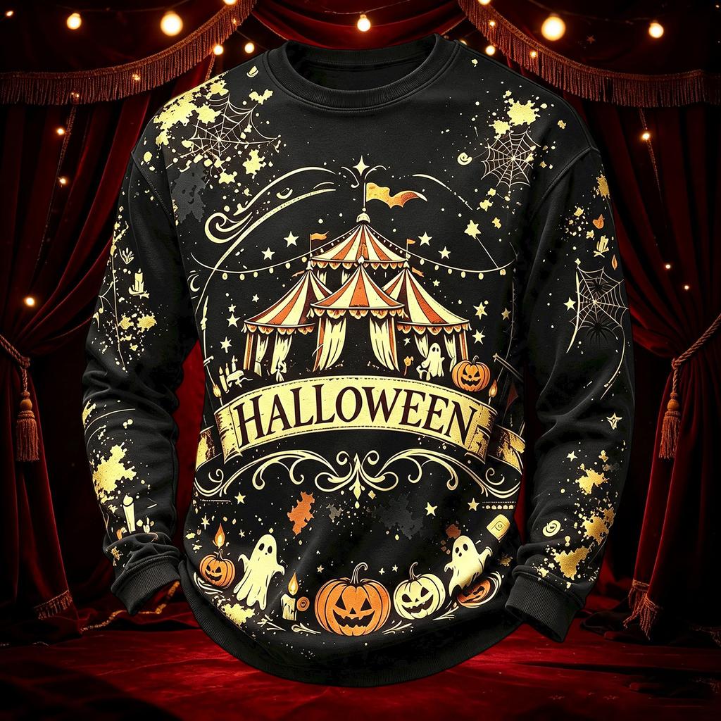 Men's Casual Round Neck Long Sleeve Top with Halloween Print