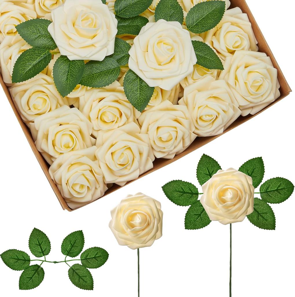 PE Foam Rose With Leaf Artificial Flowers Festival Wedding Bride Bouquets DIY Gifts Wreath Home Outdoor Garden Party Table Decor