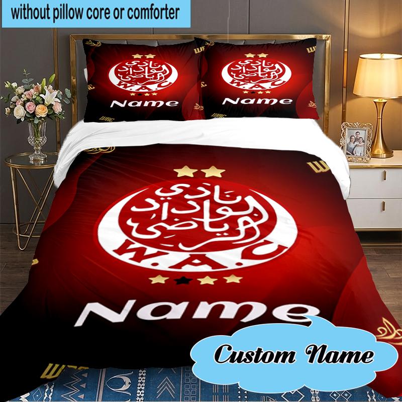 Custom Name Wydad Sports Emblem Design Bedding Set 3pcs, Bedding Set Including 1pc Duvet Cover And 2pcs Pillowcases for Bedroom, Dormitory Gift