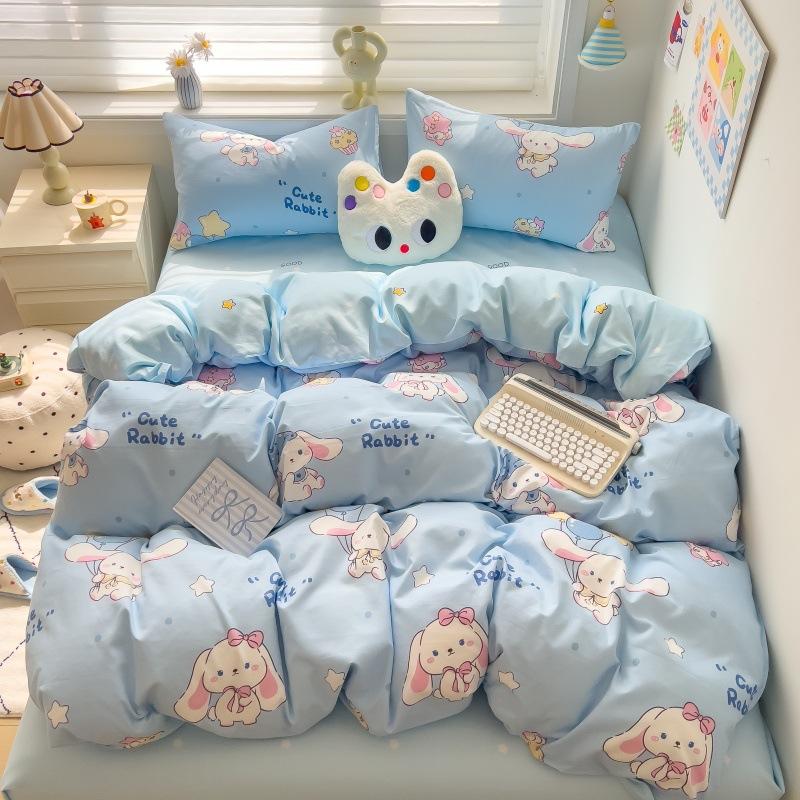 Class A Maternal Infant Grade Small Fresh Pure Cotton Abraded 4-Pcs Set, Skin-Friendly Bed Sheet Washed Cotton Quilt Cover, Dormitory 3-Piece Set