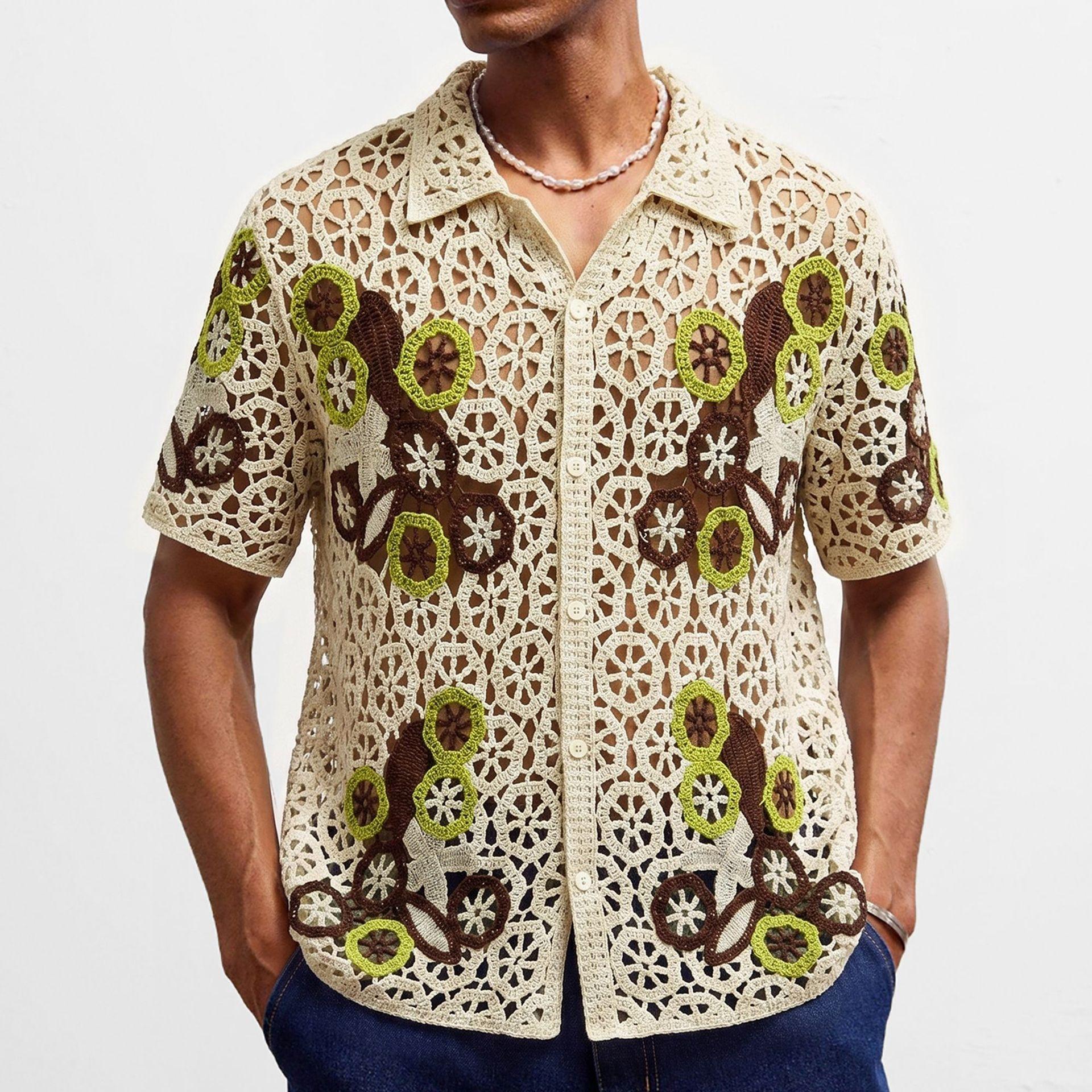 

Casual Button Down Shirt for Men Vintage Knitted Golf Beach Collared Shirts Tops Crochet Hollow Out Summer Vacation Top Men s Knit Short Sleeve Shirt 3XL