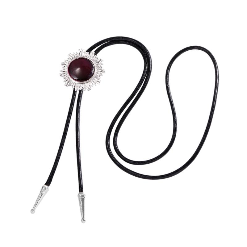 Vintage Sun Shape Gem Stone Bolo Tie Cowboy Costume Accessory for Men and Women Western Braided Cord Necktie Necklace