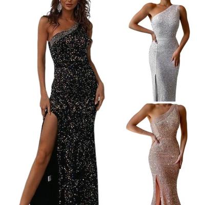 Lady Evening Dress Slant Neck One Shoulder Sleeveless Sequin Slit Hem Slim Fit Prom Party Maxi Dress Summer Evening