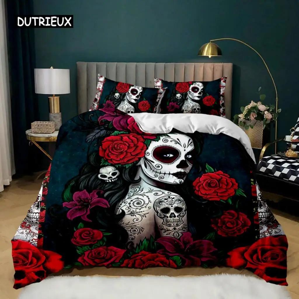 

Skull Quilt Cover Red Rose Skeleton Queen Size Floral Skeleton Traditional Mexican Halloween Double Size Queen Size King Size Polyester Fabric Qulit EU Single 135x200cm