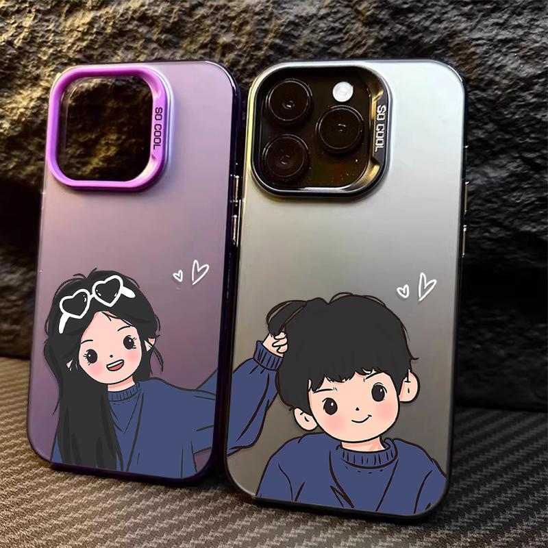 Lovely Boy& Girl Couple Paired Funda iPhone Cases For iPhone 17 16 15 13 12 11 ProMax Pro Plus Shockproof Coque Phone Cover