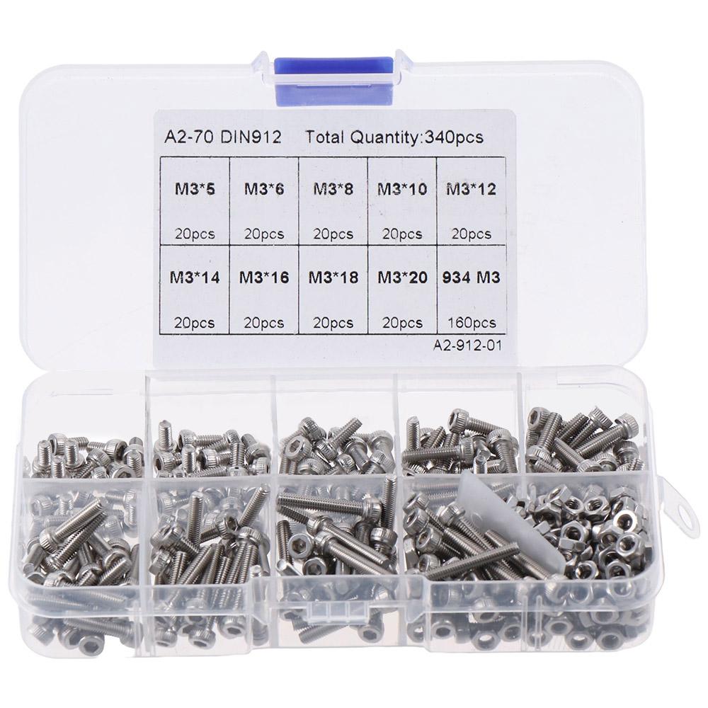 

340Pcs Stainless Steel Metric Screw Assortment Kit 5/6/8/10/12/14/16/18/20mm Hex Socket Head Cap Screws Nuts and Bolts Kit