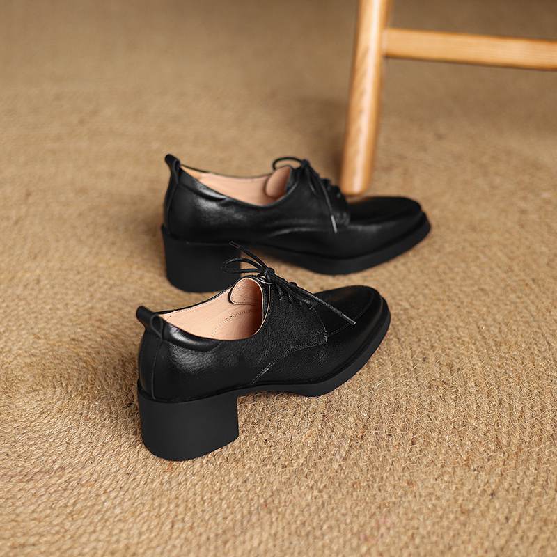 Krazing Pot Sheepskin Autumn Winter Shoes Chunky Heels Size 43 Size 42 Round Toe Lace Up Deep Mouth Retro Fashion Pumps