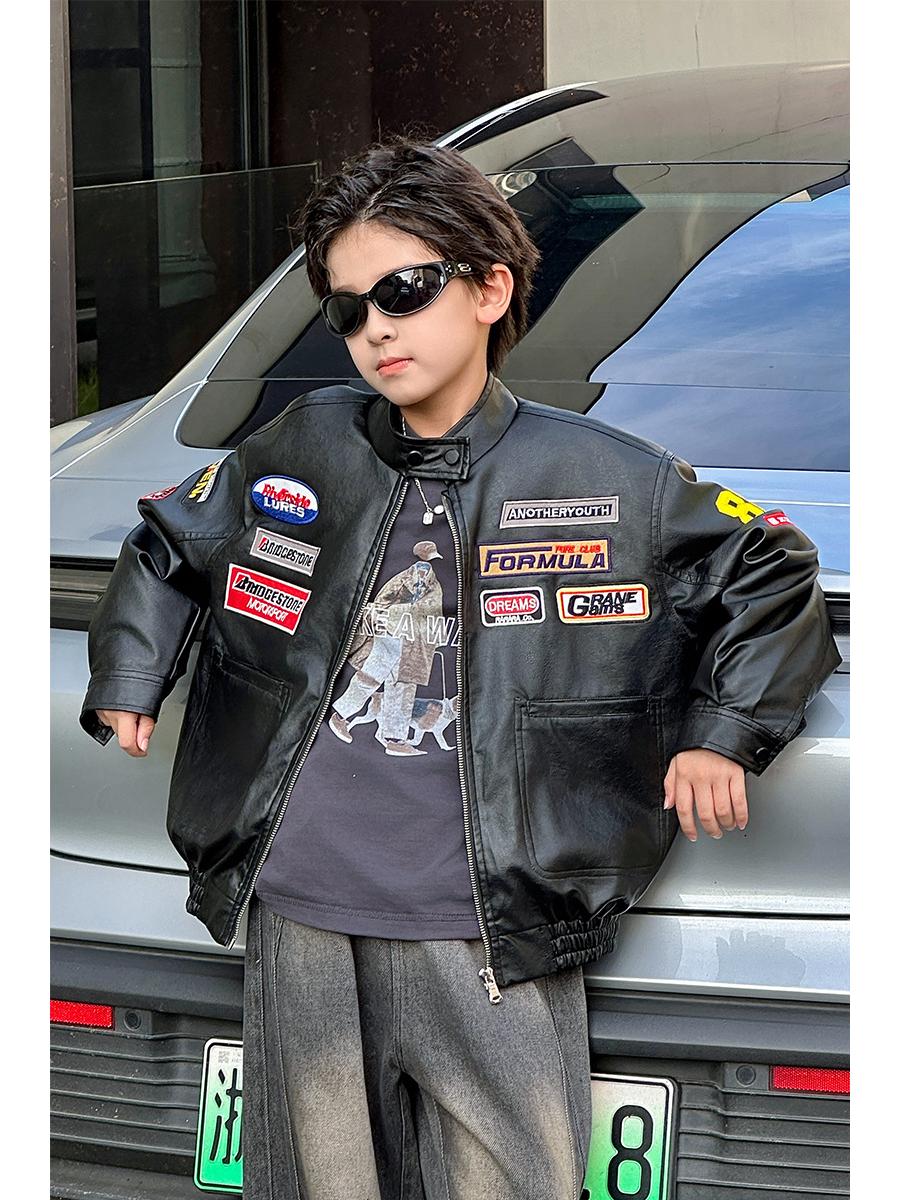 

Трендовая мужская куртка из искусственной кожи с вышивкой на осень 2025 года - Ретро стиль - Унисекс верхняя одежда 130 cm чёрный