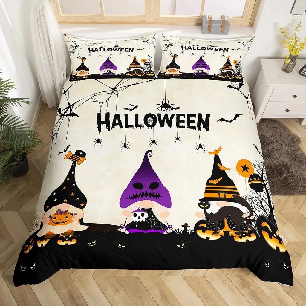 Halloween Duvet Cover Set Gothic Spooky Bedding Sets,Pumpkin Lantern Comforter Cover Horror Ghost Witch Hat Cat Bat Quilt Cover