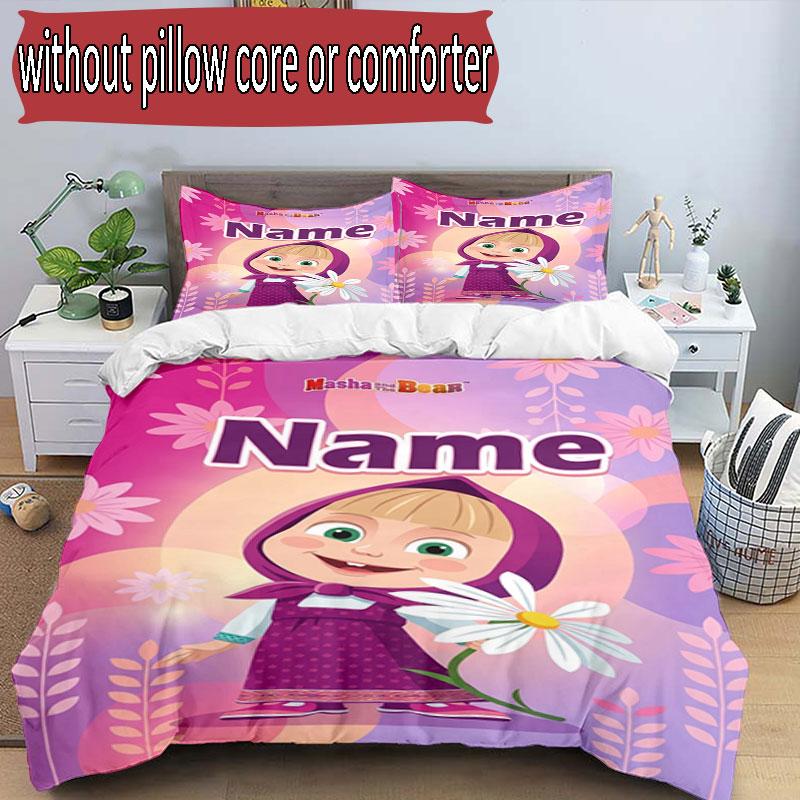 3pcs Duvet Cover Set (1*Duvet Cover + 2*Pillowcase, Without Core), Custom Name Masha and the Bear Pattern Bedding Set, Home Bedroom Decor Gift