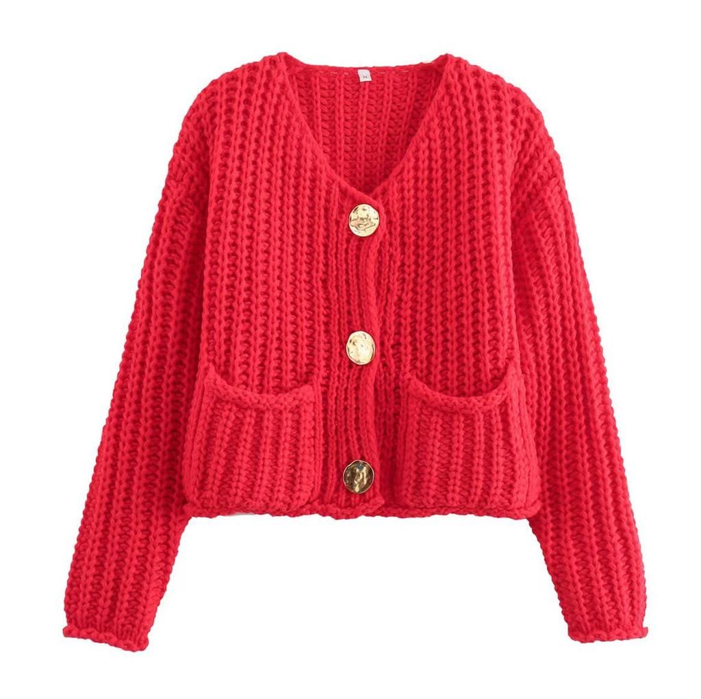 Women's Solid Color Single Breasted Double Pocket Cropped Chunky Knit Cardigan Jacket Sweater