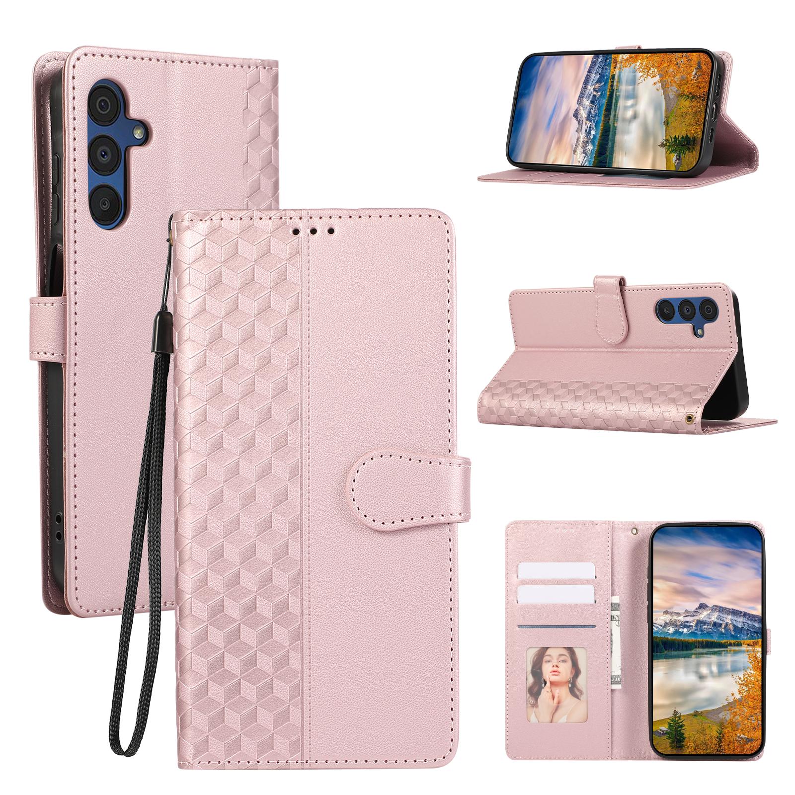 

For Samsung Galaxy S25+/S24+ Case 3D Rhombus Grid Imprinted Wallet Leather Phone Cover with Lanyard Rose Gold