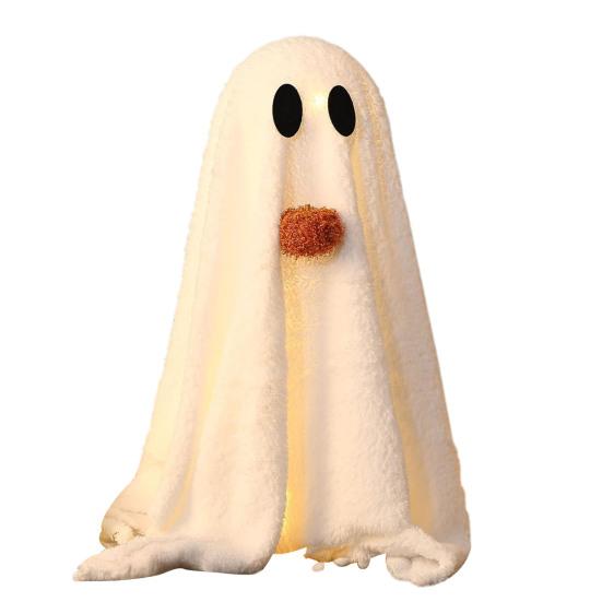 Light-Up Sherpa Ghosts with Pumpkin Cute Ghost Tabletop Decoration for Halloween Indoor Home Kitchen Fireplace Decor