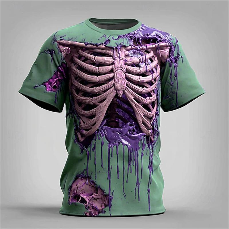 New Halloween Men's 3D Bone Print T-shirt Round-neck Short-sleeved T-shirt Shirt Horror Party Top Street Fashion Clothing