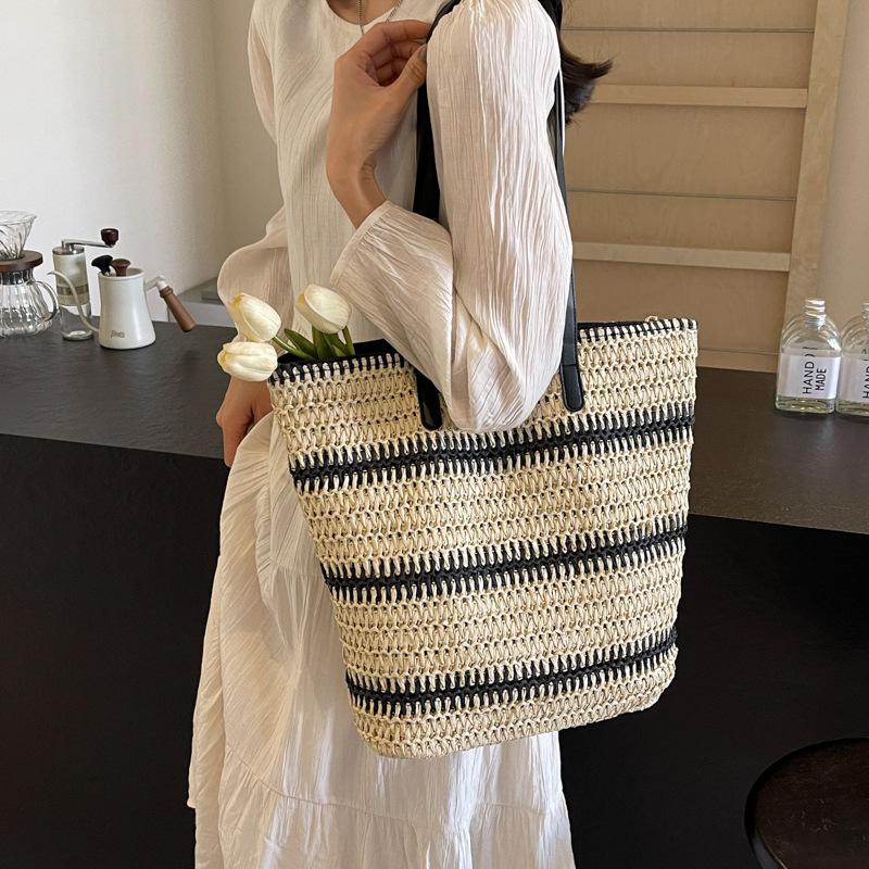 Contrast Color Tote Bag Women's Large Capacity Shoulder Bag Beach Straw Woven Bag