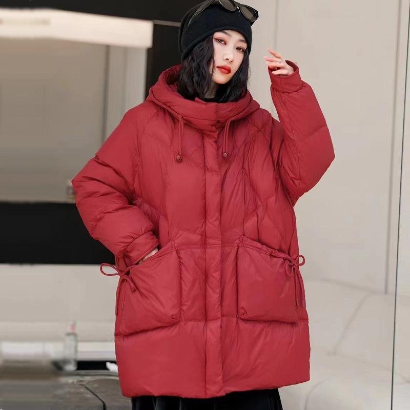 Hooded large pocket thickened medium and long down jacket women's fashion versatile white duck down large size coat winter thickened