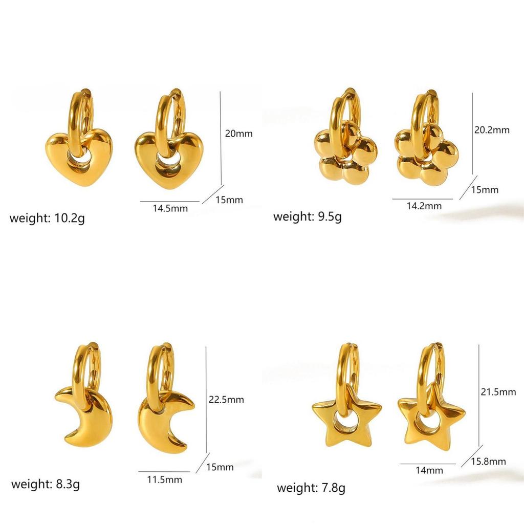 Fashion Gold Plated Heart Star Moon Earrings With Waterproof Stainless Steel For Women