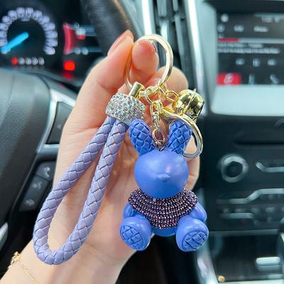Cute Cartoon Diamond Studded Rabbit Car Keychain Fashionable Woven Rope Keychain Couple Bag Pendant Small Gift