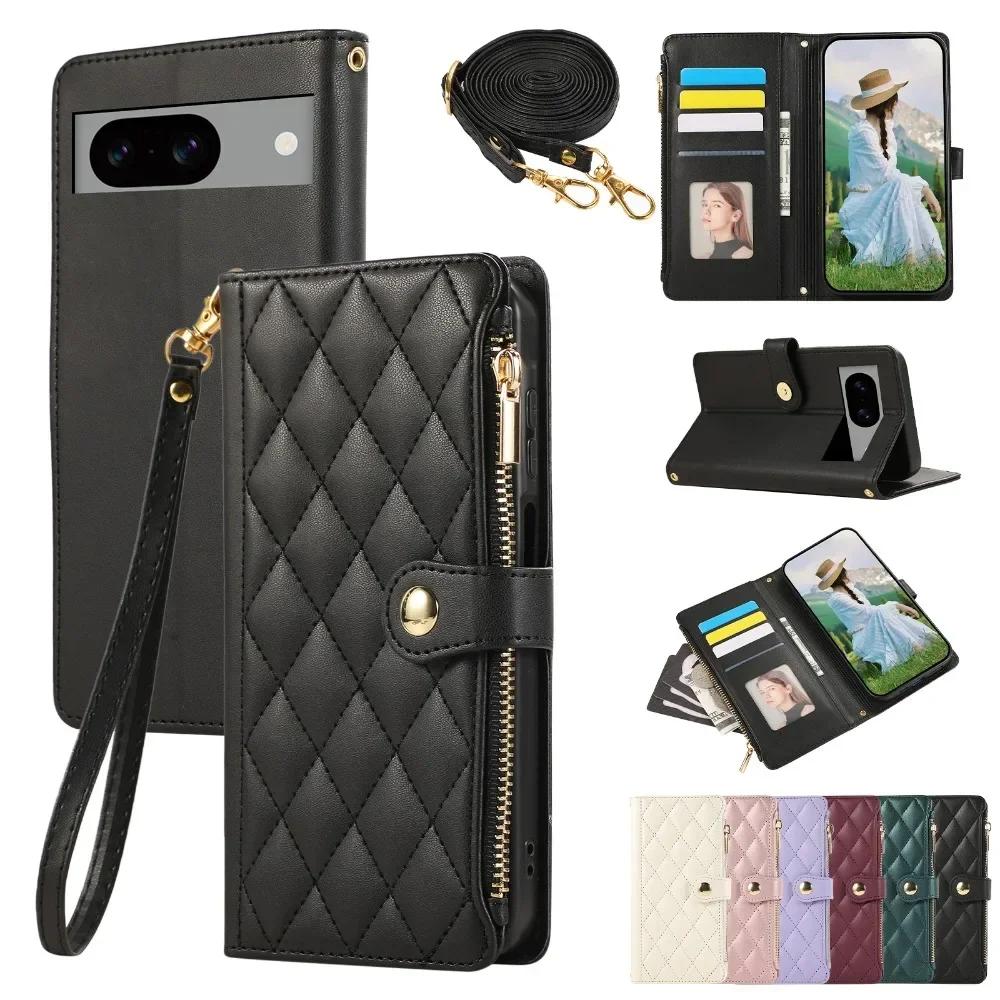 Crossbody Zipper Wallet with Card Holder Phone Case for Google Pixel 6 7 8 9 Pro 6A 7A 8A Wrist Strap Leather Preserve Cover