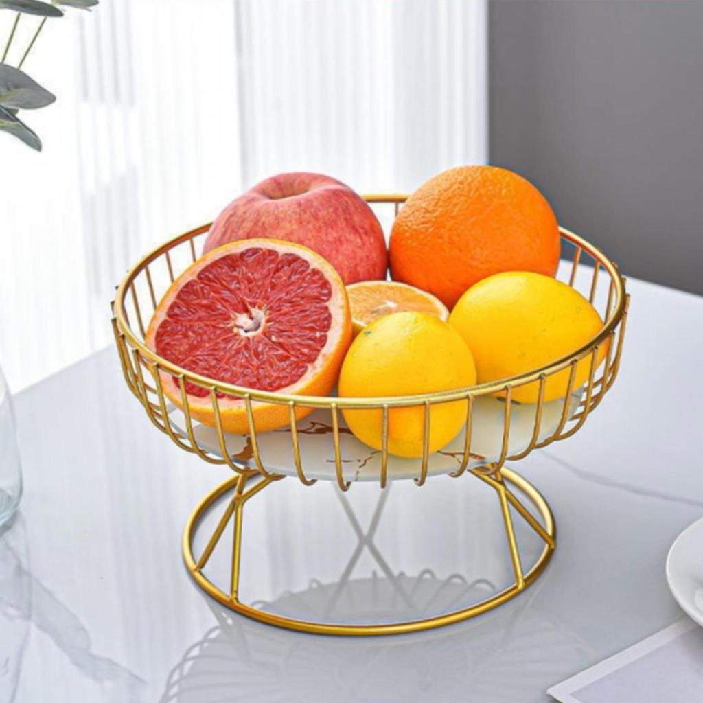 Wire Fruit Basket with Glass Tray Marble-Style Elevated Pedestal