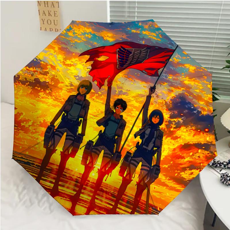 Attack On Titan Print Automatic Umbrella, 8 Rib Iron Frame, Plastic Handle, Suitable for Outdoor Travel &Daily , Ideal Gift