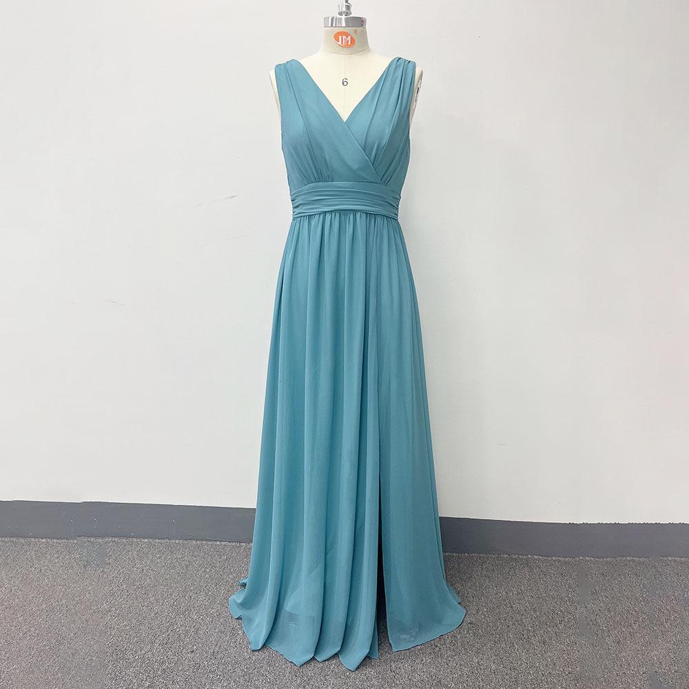 European & American Women’s Chiffon A-Line Evening Dress with Double V-Neck, Sleeveless Design, Slit, and Elastic Waist.
