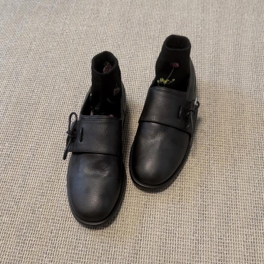 Cowhide Version~ Retro Minimalist Thick Heel Small Leather Shoes Round Head British Style Loafers Versatile One-pedal Black Single Shoes