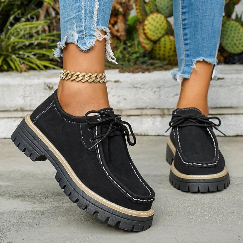 Women's Block Heel Non Slip Lace Up Leather Shoes Spring Autumn Solid Color British Style Loafers