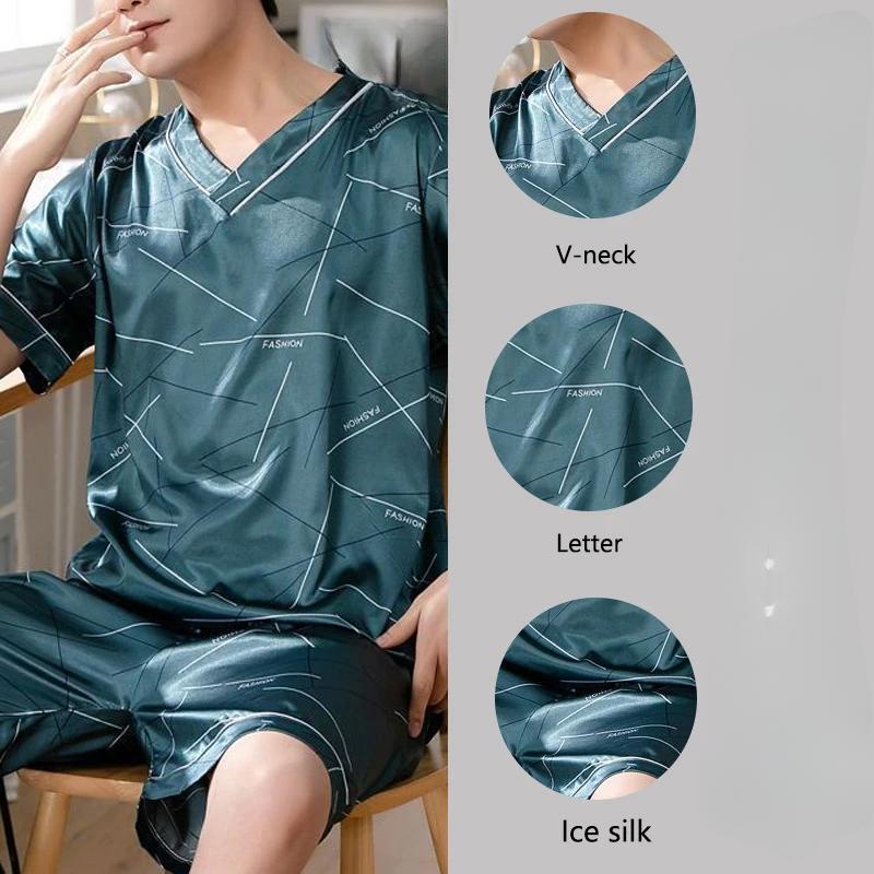 Large Size Men Homewear Ice Silk Short-Sleeved Shorts Student Pajamas Korean Version with Letters Loose Short-Sleeved Two-Pi