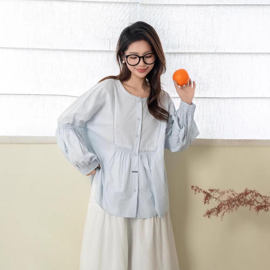 2026 Spring Women's Sweet Puff Sleeve Cardigan, Round Neck, Loose Slimming Cotton Long Sleeve Top