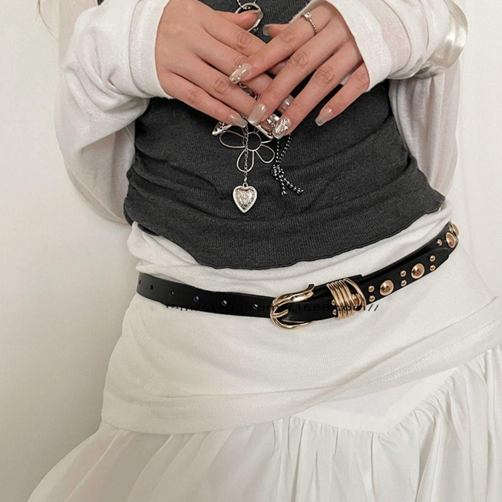 Pu Leather Rivet Waist Belt American Style Women's Jeans Belt Adjustable Y2k Thin Belt  Spicy Girls