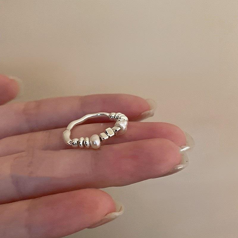 Trendy Geometric Double Layer Pearl Silver Ring for Women