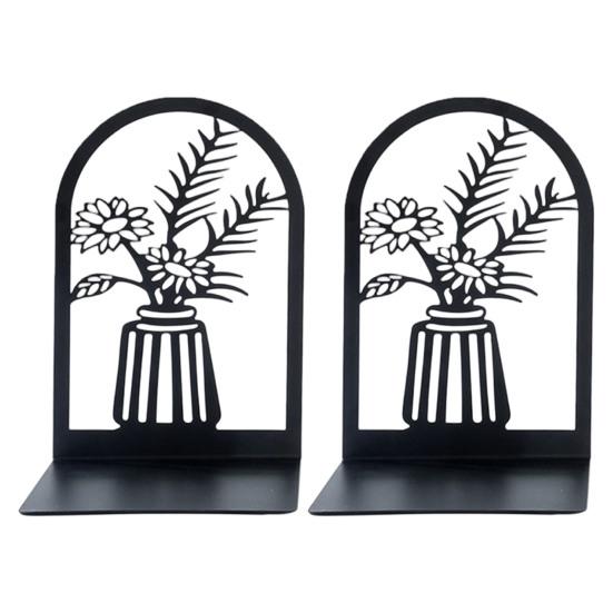 1 Pair Flower Metal Bookends Decorative Flower Vase Book Ends for Shelves Black