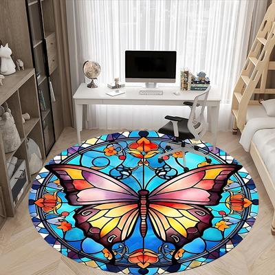 1pc Butterfly StainedGlass Office Round Area Rug, Under Office Chairs Bedroom Living Room Home Decor, Room Deco