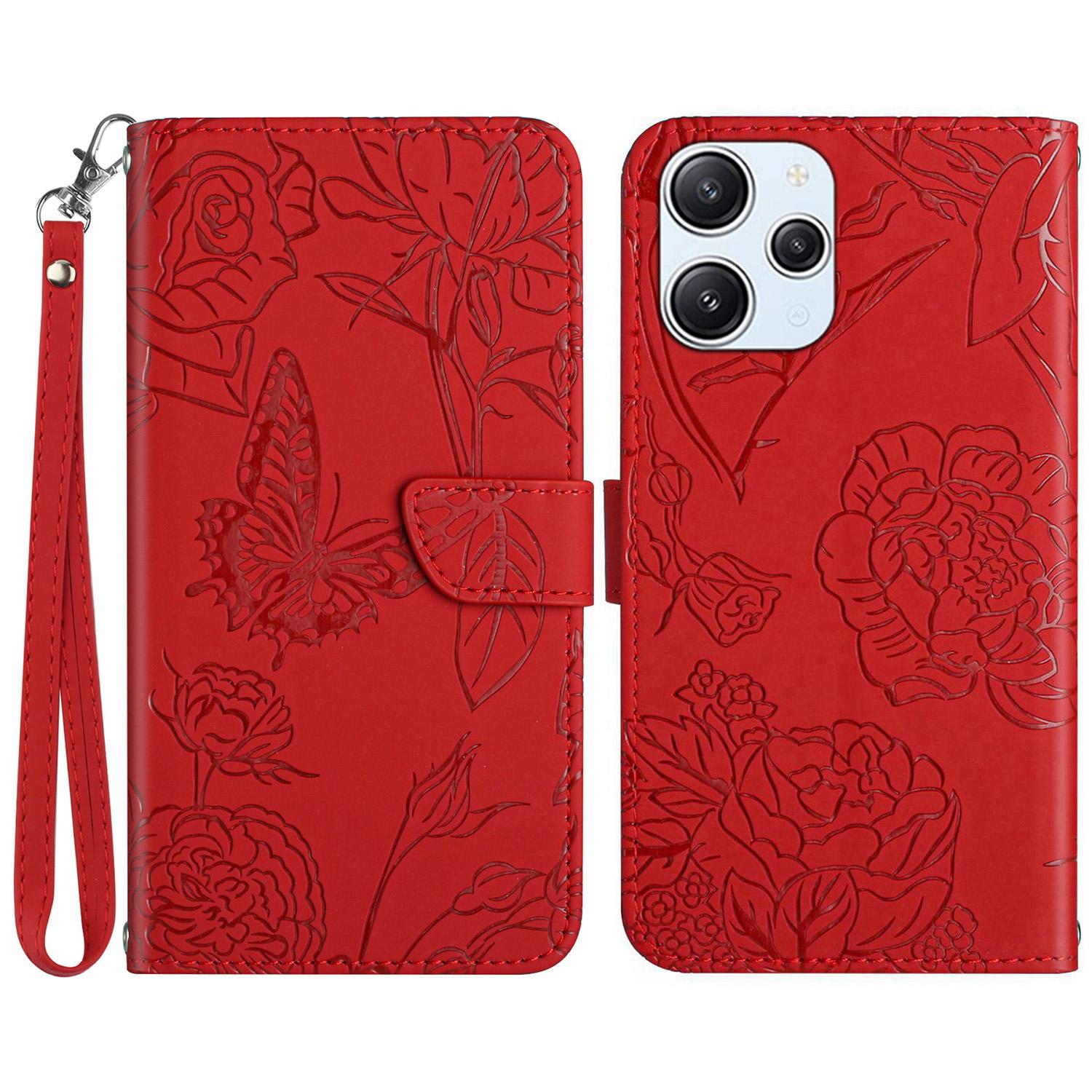 

HT03 PU Leather Imprint Flip Cover for Xiaomi Redmi 12 5G (Global)/Poco M6 Pro 5G Wallet Stand Phone Case with Wrist Strap Red