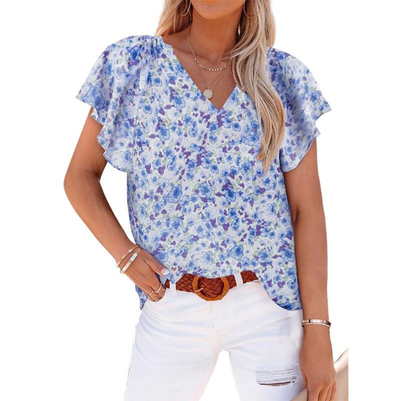 Women V Neck Printed Short Sleeve Loose Casual Pullover Blouse Top