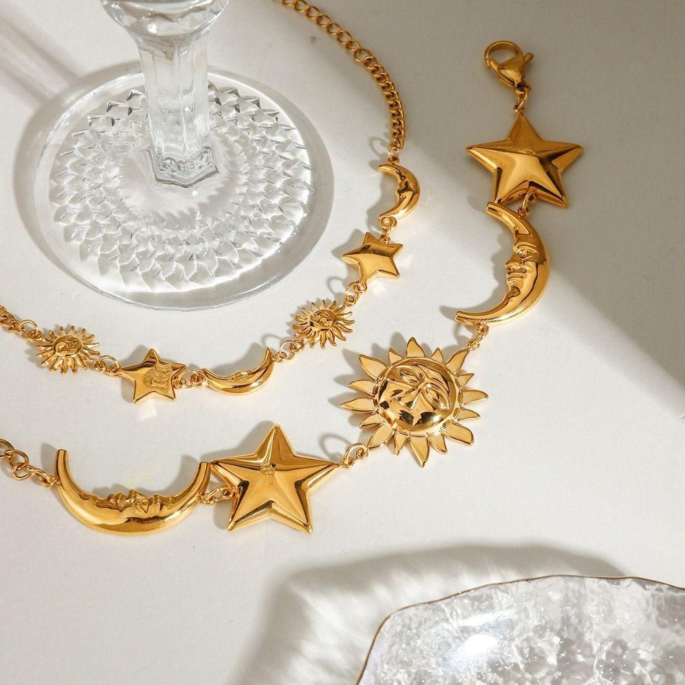 18K Gold Color Star Moon Bracelet Stainless Steel Stackable Bracelet Summer Fashion