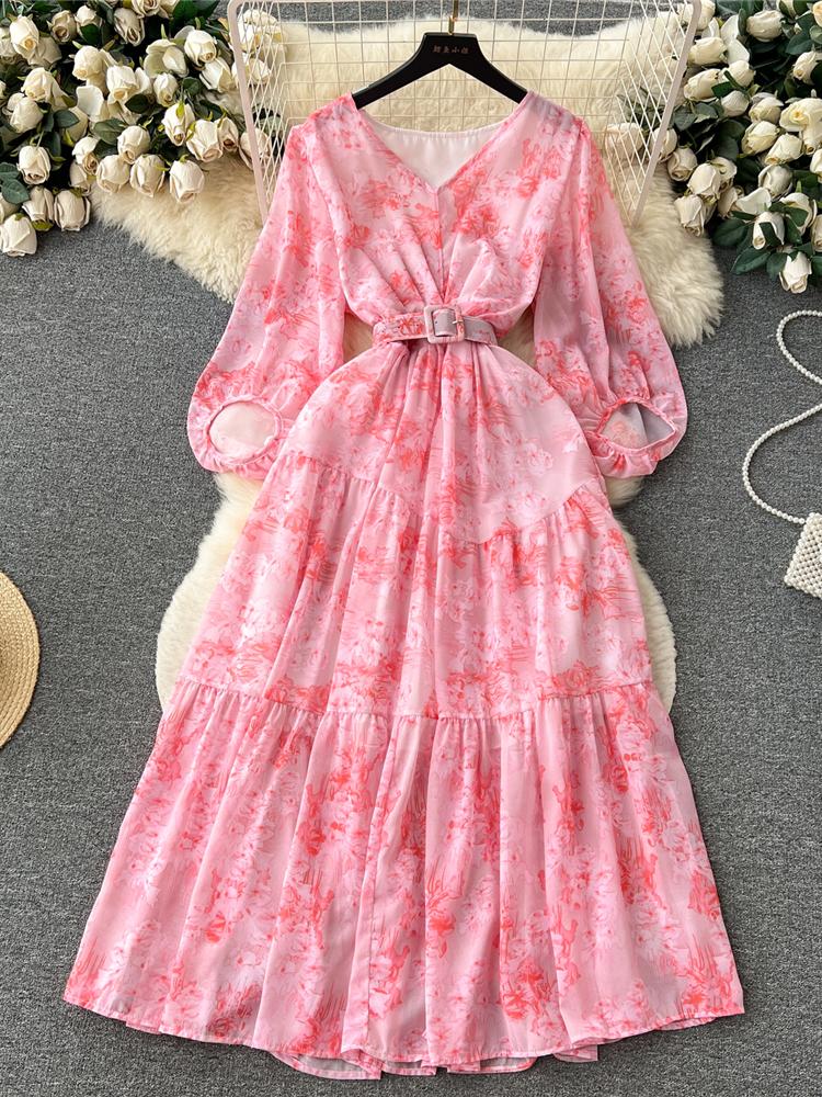 Autumn Vintage Women Floral Midi Dress Elegant V-Neck Lantern Long Sleeve Ruffle Hem A-Line  New Dresses For Woman