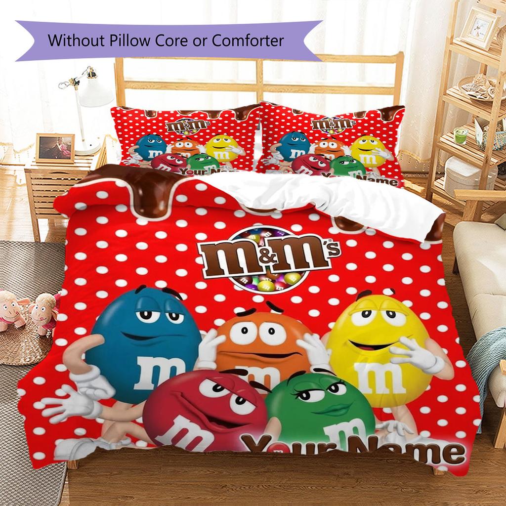 M&M's Custom Name Pattern Bedding,Quilt Set Quilt Cover Pillowcase Home Birthday Gift(1 * duvet cover + 2 * pillowcase, without core)