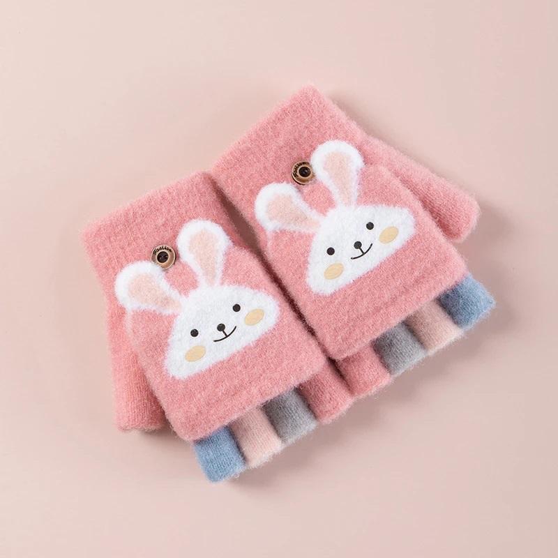 Kid's Warm Thick Flip Half Finger Gloves Boys Girls Winter Warm Gloves Cartoon Cute Rabbit Gloves Daily Crawling Outing Gloves