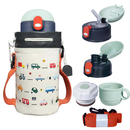 Children's Water Bottle, Insulated, Keeps Water Hot or Cold, Vacuum Insulated, Includes Direct Drinking Cup, 3-Way Straw, Mug, Thermos, and Pouch (Car