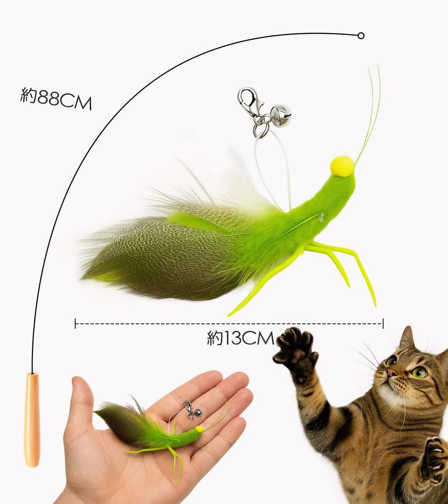 HOLYCAT Cat Toy, Insect-Shaped Cat Teaser with Natural Feathers, Perfect for Solo Play, Includes Bell, Popular Cat Toy, Fishing Pole, Unique Design,