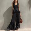 Women V Neck Sleeveless Top with Wide Leg Pants Ruffle Hem Tie Waist
