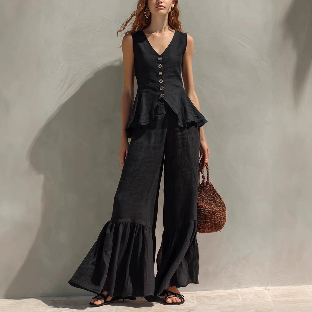 Women V Neck Sleeveless Top with Wide Leg Pants Ruffle Hem Tie Waist