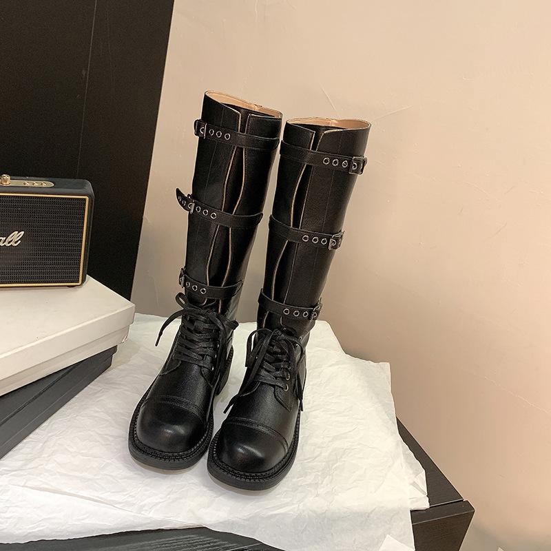 

Виноградная мама осень и зима новые модели, локомотивные miu модные изящные пряжки ремня ретро толстый каблук средняя и высокая труба рыцарские сапоги женские 36