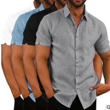 Summer lapel button-down men's solid color short-sleeved linen shirt