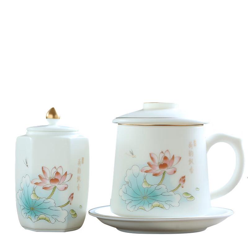 Thousand Li Rivers and Mountains Unglazed White Porcelain Teacup & Tea Caddy Gift Set